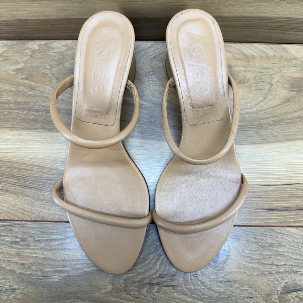 AEYDE Two Strap Heeled Sandals 7 7.5 EU 38 Camel Tan Nude Leather Minimalist